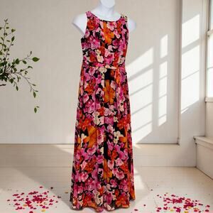 Eliza J Floral Maxi Dress XL Pink Orange Resort Wedding Guest Belted Sleeveless